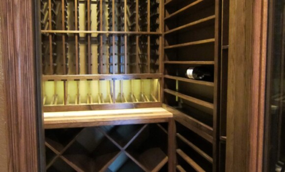 The Completed Dallas Custom Wine Cellar - Early American Stain and Lacquer on Custom Racks - Wine Celar Lighting
